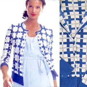 CAbi Blue White Plaid Button Front Frame Knit Cardigan Sweater Medium